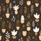 Minimalist Potted Plants Pattern On Brown Background