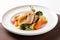 minimalist presentation of roasted chicken and vegetables on white plate