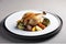 minimalist presentation of roasted chicken and vegetables on white plate