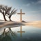 a minimalist representation of a cross in a serene natural setting