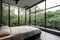 minimalist room, with view of lush gardens and greenery