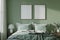 Minimalist sage green bedroom decor with two frames above bed. Concept Minimalist Bedroom Decor,