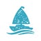 Minimalist sailing boat with flag floating sea waves grunge texture vector illustration