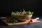 minimalist salad bowl with radish, greens and dressing on wooden board