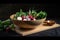 minimalist salad bowl with radish, greens and dressing on wooden board