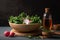 minimalist salad bowl with radish, greens and dressing on wooden board