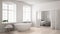 Minimalist scandinavian white bathroom with bedroom in the background, classic interior design