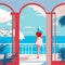 Minimalist scene woman character enjoying sea landscape view on balcony or outdoor terrace, flat vector illustration.