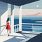 Minimalist scene woman character enjoying sea landscape view on balcony or outdoor terrace, flat vector illustration.