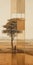 Minimalist Sculptor A Sepia-toned Painting Of A Desert Landscape With A Big Tree And Buildings