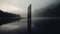 Minimalist Sculpture: A Dark Fog Building In Calm Waters