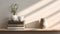 Minimalist Shelves Scene With Plant And Vase On Wooden Shelf