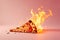 minimalist shot of burning pizza slice on light pastel background.