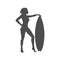 Minimalist silhouette naked sexy woman slim body standing with surf board vector illustration