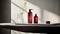 Minimalist Soap Dispensers Scene With Red Bottles On Table