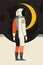 Minimalist Space exploration colorful poster with astronaut flying shuttle planets and stars in vintage style vector illustration