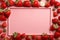 Minimalist strawberry frame, soft pink matte, vivid red background, text space