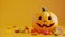 Minimalist style featuring smiling Halloween pumpkin and candies, adding festive charm, Ai Generated