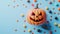 Minimalist style featuring smiling Halloween pumpkin and candies, adding festive charm, Ai Generated