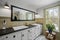 Minimalist style furnished bathroom with a horizontal long mirror with lamps and white cabinets