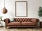 Minimalist style home interior design of modern living room. Shabby brown leather sofa near white wall with modern art poster,