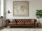 Minimalist style home interior design of modern living room. Shabby brown leather sofa near white wall with modern art poster,