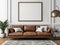 Minimalist style home interior design of modern living room. Shabby brown leather sofa near white wall with modern art poster,