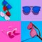 Minimalist summer collage with different vivid retro shaped sunglasses.