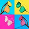 Minimalist summer collage with different vivid retro shaped sunglasses.