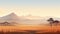 Minimalist Sunset Savanna Illustration With Grassy Hills And Mountain Range