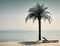 Minimalist surreal image of a palm tree and a white lounger against a calm misty sea and a cloudy light gray sky, made with