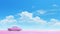 Minimalist Surrealism: Pink Car In A Pink Field With Clear Blue Skies