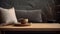 Minimalist Table Decor With Layered Surfaces: Pillow And Cup On Wooden Table