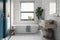 a minimalist and tranquil bathroom, with white tiles, blue accents, and natural light