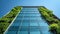 Minimalist urban office building with solar panels and vertical garden in wide angle macro view