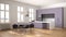 Minimalist violet and black kitchen in classic room with moldings, parquet floor, dining table with chairs, marble island and