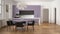 Minimalist violet and black kitchen in classic room with moldings, parquet floor, dining table with chairs, marble island and