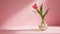 minimalist wallpaper, tulip flower in a clear glass vase, large copyspace area