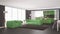 Minimalist white and green living and kitchen, scandinavian classic interior design