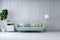 Minimalist white room interior design,green sofa with plant on white wall /3d render