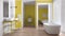 Minimalist white and yellow scandinavian bathroom with bedroom