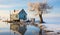 Minimalist winter landscape by the water, with a wooden cabin. AI generated