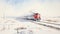 Minimalist Winter Watercolor Painting Of A Manned Train In The Snow