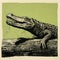 Minimalist Woodblock Print Of Alligator On Log: Vintage Poster Design