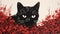 Minimalist Woodblock Print: Black Cat In Detailed Flora And Fauna