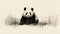 Minimalist Woodblock Print Of A Panda Bear In Rural China