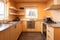 a minimalist wooden cabin kitchen with stainless steel appliances