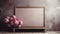Minimalist Wooden Frame And Vase With Pink Peonies On Dark Beige Wall