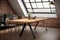 a minimalist wooden table with metal legs in a loft space