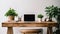Minimalist Workspace Interior with Free Desk, Single Laptop, and Potted Plant. Generative ai